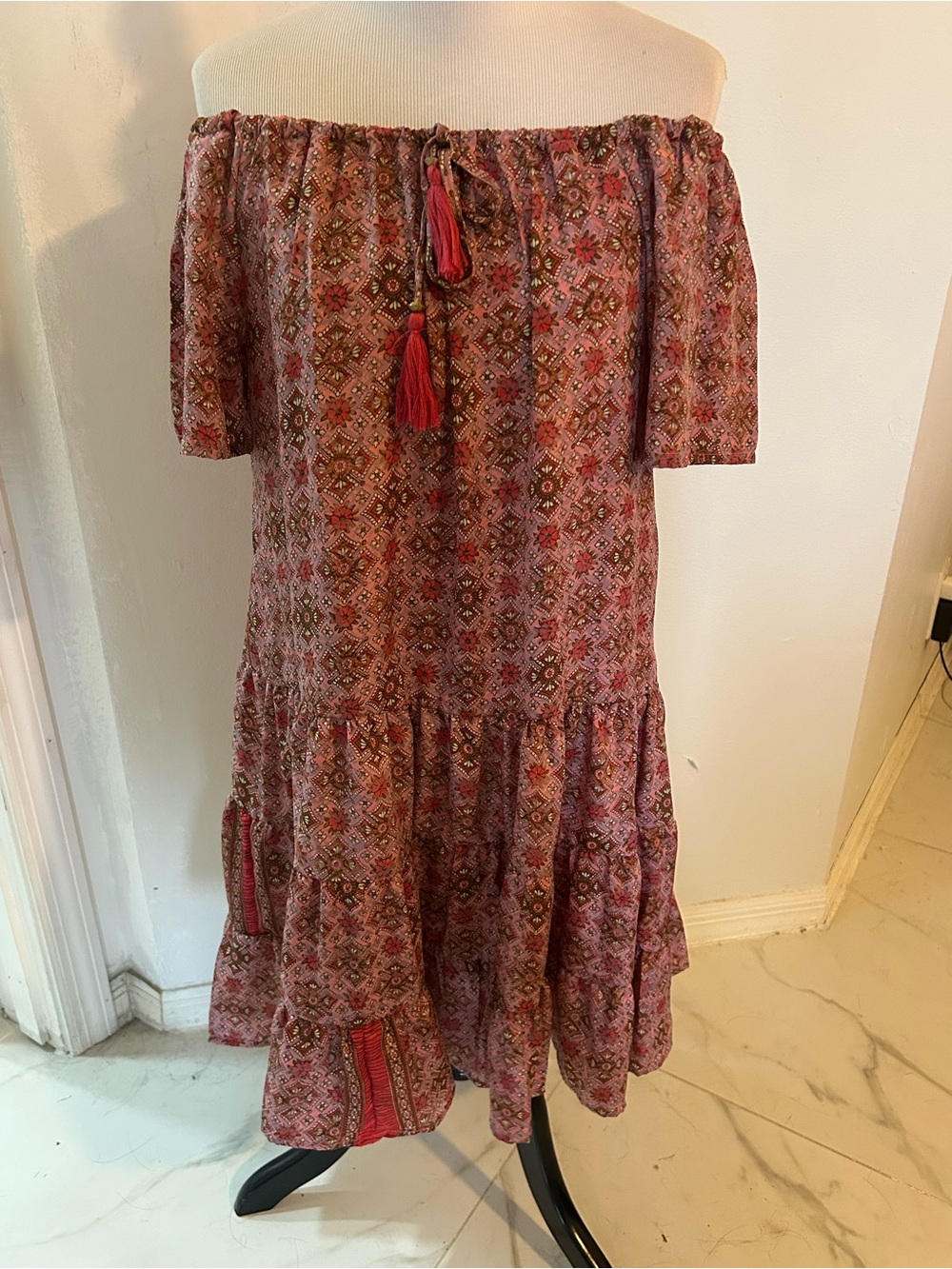 Paani Bohemian Paisley Print Mini Dress Babydoll Tiered Boho Pink Brown S - Picture 6 of 7